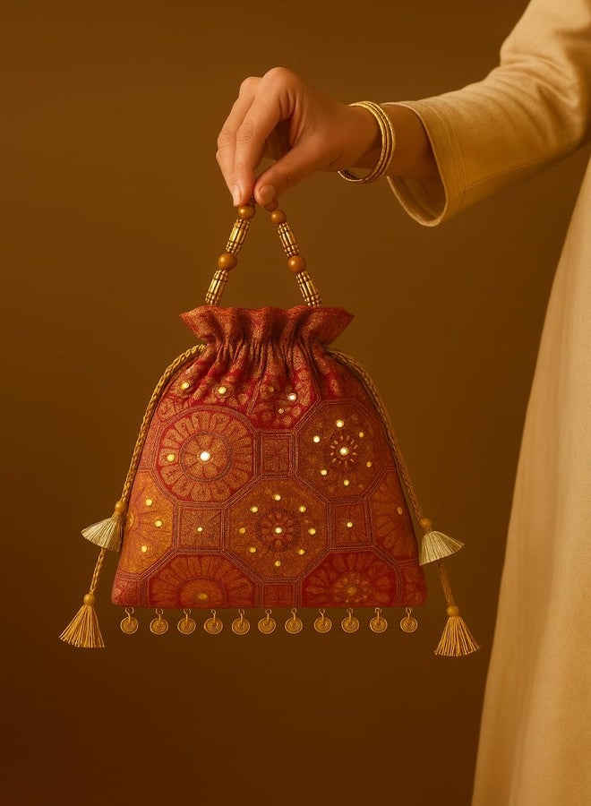 KitchEase Women’s Designer Brocade Potli Bag for Weddings & Festive | Ethnic Bridal Potli with Beaded Handle & Drawstring | For Indian Traditional Brides (Multicolour) - Image 2